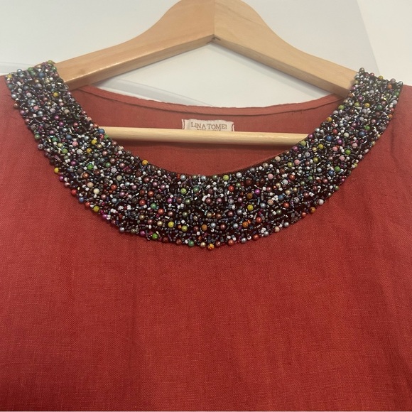 Lina Tomei Linen Pull Over Dress Beaded Neck Rusty Orange Brown Pockets Italy XL - Picture 2 of 7